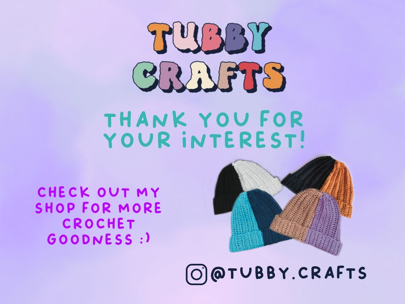 May include: Image features a collection of crochet beanies in various colors, including black, white, teal, navy, brown, and purple. The text "TUBBY CRAFTS" is displayed at the top, with additional text promoting the shop and social media handle @TUBBY.CRAFTS.