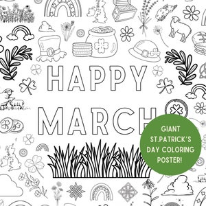Giant Coloring Poster, St. Patrick’s Day, March, Coloring Page, Leprechauns, Clovers, Ireland, 36x48 in., 18x24 in., 8.5x11in, for Download