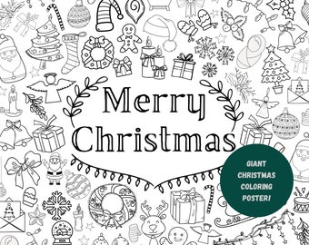 May include: Black and white illustration of a Christmas scene with the words "Merry Christmas" in the center. The illustration includes a variety of Christmas symbols, such as a Christmas tree, ornaments, presents, and a stocking.