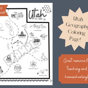 Utah State Coloring Activity Page and Poster Utah Teacher Social Studies and Geography Resource Digital Download Printable Utah Homeschool
