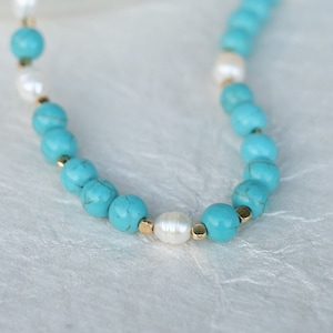 Beaded Necklace with Freshwater Pearls 18K Gold Plated Clasp - Gifts for Her - Turquoise Blue Dainty Choker Necklace