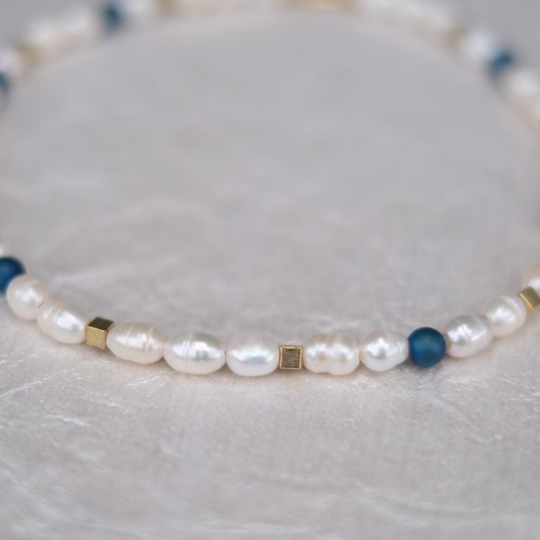 Beaded Necklace with Freshwater Pearls 18K Gold Plated Clasp - Gifts for Him/Her - Royal Blue Dainty Choker Necklace