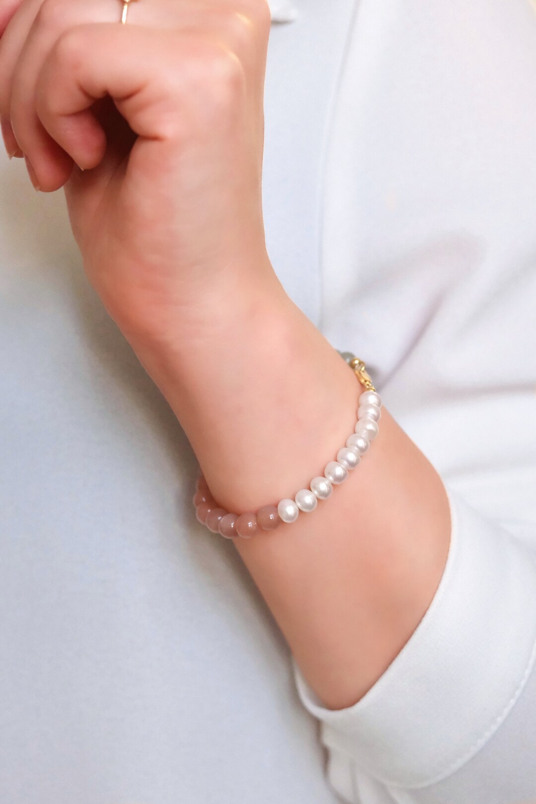 Freshwater Pearl Hetian Jade Moonstone Bracelet With 18K Gold Plated