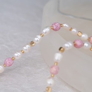 Beaded Necklace with Freshwater Pearls 18K Gold Plated Clasp - Gift for Her - Princess Pink Dainty Choker Necklace