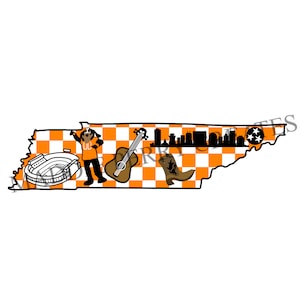 Tennessee Checkered State with Cowboy Boots, Smokey, Neyland Stadium, Nashville Skyline, and Guitar Design State Outline Vols Tshirt Design