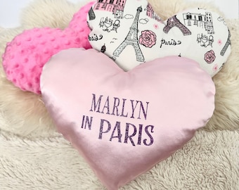 Personalized Heart Pillow, Stuffed Heart, Heart Cushion, IN Paris Pillow, Heart Decor, Girls decor, Valentine’s Gift, Gifts for her, Paris