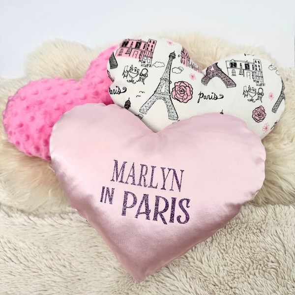 Personalized Heart Pillow, Stuffed Heart, Heart Cushion, IN Paris Pillow, Heart Decor, Girls decor, Valentine’s Gift, Gifts for her, Paris