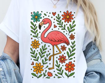 Maglietta con fenicottero, graziosa maglietta estiva con fenicottero, maglietta floreale con fenicottero, maglietta con uccello tropicale, maglietta estetica con animale, regalo per lei