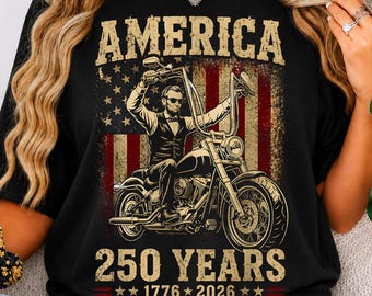 Comfort Colors® America 250 Years-shirt, patriottische biker-T-shirt, vintage motorshirt Amerikaanse vlag, Fourth Of July 2026-T-shirt
