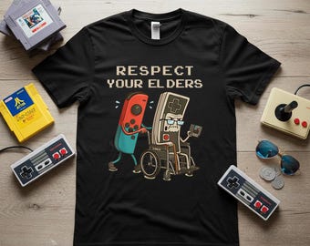 Respektera dina äldre T-shirt, rolig retro gaming-t-shirt, vintage spelkontroll-t-shirt, gamer-pappa-present, videospelälskare-present, old school gamer