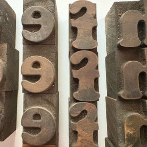 May include: Close-up of vintage wooden printing blocks. The blocks feature the numbers "9", "2", and the letter "h". The blocks are a dark brown color and have a worn, aged appearance. The blocks are arranged in vertical rows.