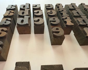 May include: Close-up of vintage metal letterpress printing blocks. The blocks are arranged in rows and columns, displaying the numbers 6, 9, d, and f. The blocks are mounted on wooden bases, and the metal letters have a worn, aged appearance.