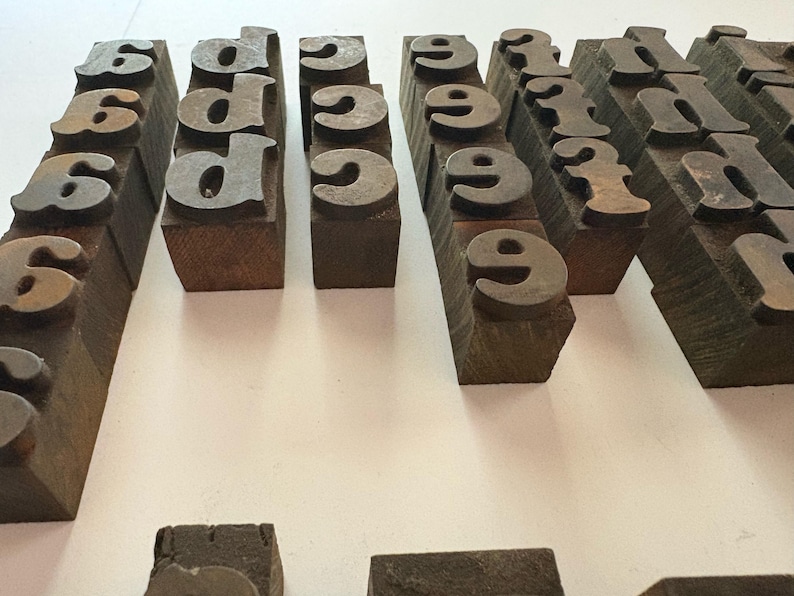 May include: Close-up of vintage metal letterpress printing blocks. The blocks are arranged in rows and columns, displaying the numbers 6, 9, d, and f. The blocks are mounted on wooden bases, and the metal letters have a worn, aged appearance.