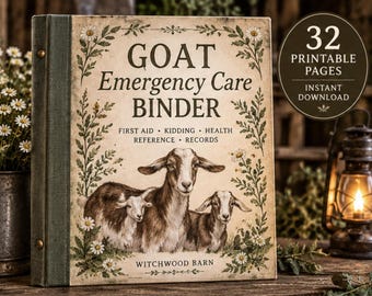May include: A Goat Emergency Care Binder with a cream cover featuring illustrations of three goats and daisies. Text reads: GOAT Emergency Care BINDER, FIRST AID, KIDDING, HEALTH, REFERENCE, RECORDS, WITCHWOOD BARN, and 32 PRINTABLE PAGES.