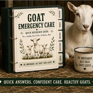 Puede incluir: Un archivador verde oscuro titulado "GOAT EMERGENCY CARE" con una guía de referencia rápida, una ilustración de cabra y una taza que dice "BE PREPARED. ACT FAST. SAVE LIVES." Una cabra blanca está en el fondo.