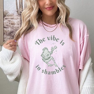 Op de afbeelding: Lichtroze t-shirt met de tekst "The vibe is in shambles" en een groene illustratie van een kikker die een snaarinstrument bespeelt. Het shirt is gemaakt van een zacht materiaal.