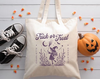 Personalized Witch Trick or Treat Bag Custom Halloween Tote Bag Witch Tote Bag Cute Tote Bag Halloween Gifts For Her Halloween Treat Bag