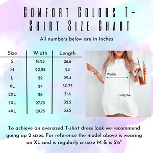 May include: A size chart for t-shirts with measurements in inches. The chart shows the width and length of t-shirts in sizes S, M, L, XL, 2XL, 3XL, and 4XL. The chart also includes a photo of a model wearing a t-shirt.