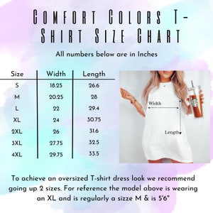 May include: A size chart for t-shirts with measurements in inches. The chart shows the width and length of t-shirts in sizes S, M, L, XL, 2XL, 3XL, and 4XL. The chart also includes a photo of a model wearing a t-shirt.