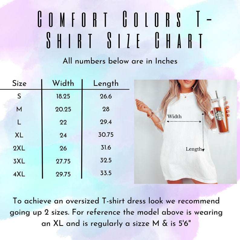 May include: A size chart for t-shirts with measurements in inches. The chart shows the width and length of t-shirts in sizes S, M, L, XL, 2XL, 3XL, and 4XL. The chart also includes a photo of a model wearing a t-shirt.