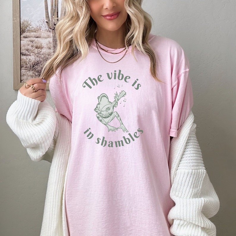 Op de afbeelding: Lichtroze t-shirt met de tekst "The vibe is in shambles" en een groene illustratie van een kikker die een snaarinstrument bespeelt. Het shirt is gemaakt van een zacht materiaal.