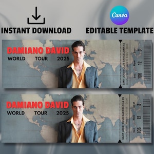 Damiano David World Tour 2025 Ticket Anpassbare Canva Vorlage Digitales Ticket Printable Download Souvenirs & Geschenke