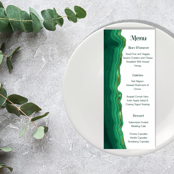 SOPHIA WEDDING MENU, elegant, Malachite, emerald green and gold, editable wedding template, printable menu card, customizable wedding menu