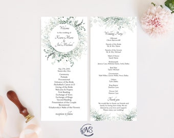KIARA WEDDING PROGRAM template, eucalyptus, sage green, editable wedding template, customizable ceremony program, printable design