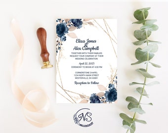 ELIZA WEDDING INVITATION set, invitation template, wedding detail card, rsvp, floral invitation, navy blue , blush, gold geometric design