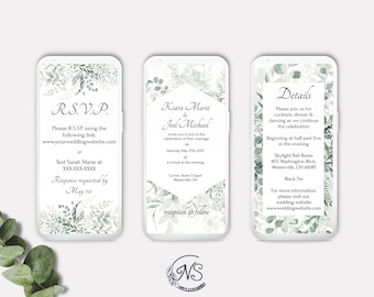 KIARA MOBILE INVITATION set, wedding invitation template, details card, R.S.V.P,  editable invitation, eucalyptus wedding, sage green