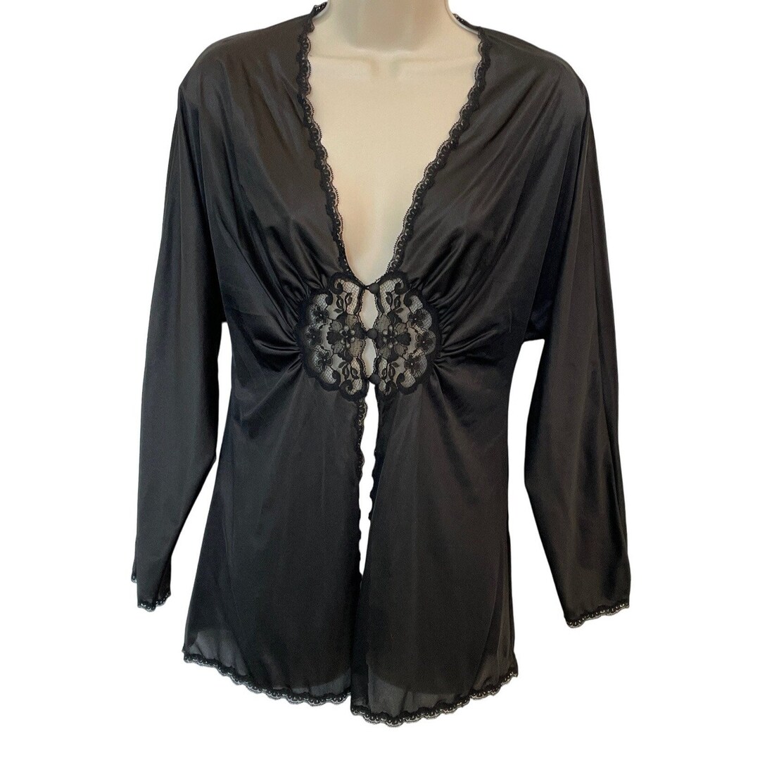 Vintage 80s Vanity Fair Black Bed Jacket Lace Trim Waist Button Closure