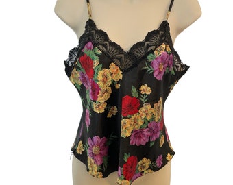 Vintage 90s Victoria's Secret Cami Top Black Tropical Flowers Satin Lace Sz S