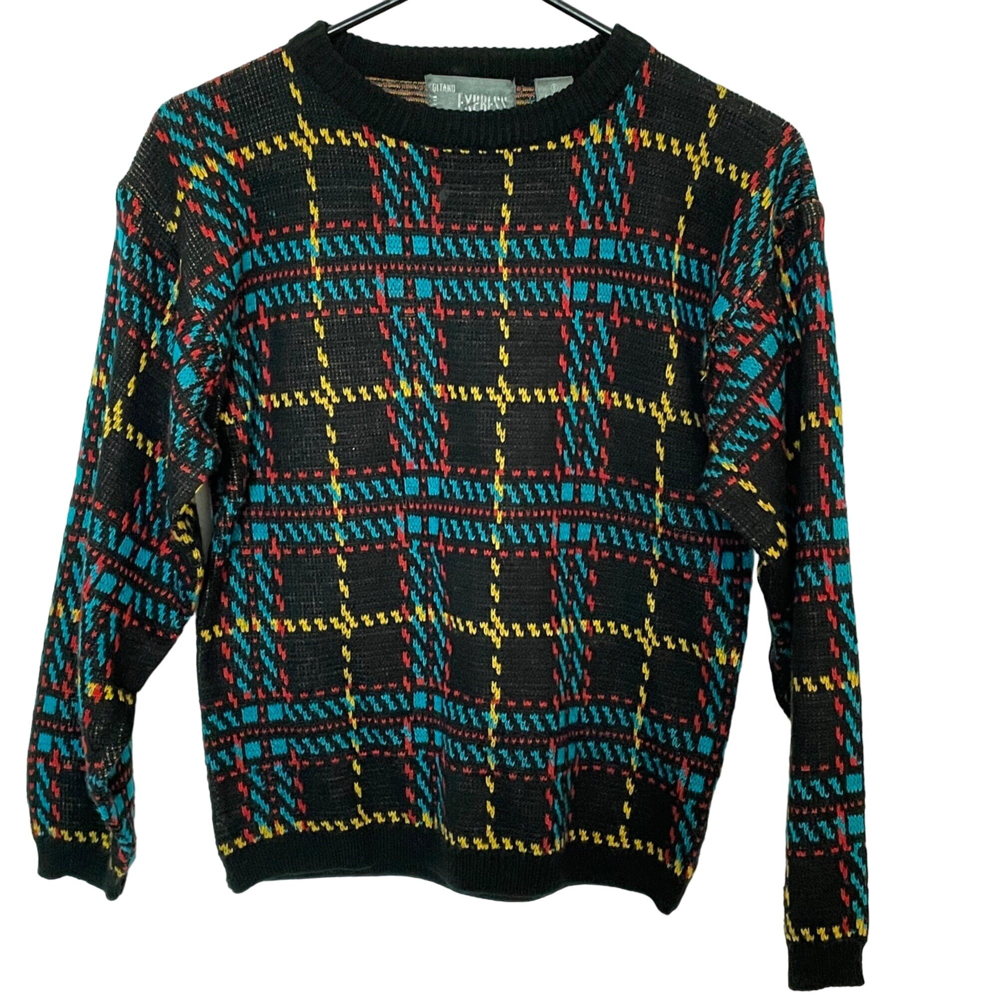Vintage 90s Gitano Express Sweater Black Blue Yellow Plaid Crew 
