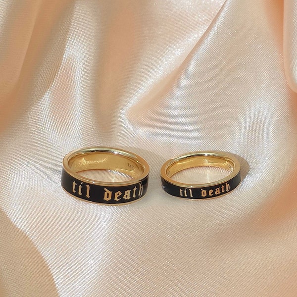 Gorgeous 'Til Death' Wedding Band: Exquisite 14k & 18k Solid Gold with Striking Black Enamel Detailing