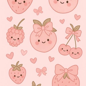 Kawaii Coquette Berry Fruit Phone Wallpaper | Light Pink Aesthetic Digital Download | Cute Girly Strawberry & Cherry iPhone Background