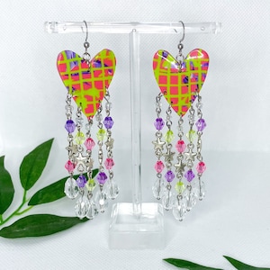 Handmade groovy colorful polymer clay beaded dangle statement earrings
