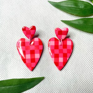 Red and pink gingham plaid heart-shaped dangle earrings handmade polymer clay