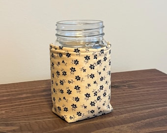 Limited Edition Blue Floral Mason Jar Coozie • Reusable Jar Sleeve • Cottagecore Drink Holder • Handmade Fabric Coozie