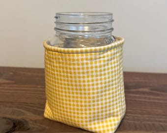 Butter Yellow Gingham Mason Jar Coozie • Reusable Jar Sleeve • Cottagecore Drink Holder • Handmade Fabric Coozie