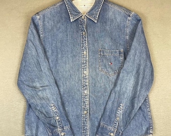 Camisa vaquera Tommy Hilfiger para mujer, talla XL, azul, manga larga, botones delanteros, algodón, logo.