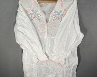 Vintage Victorias Secret Embroidered Tunic Top White Pink Cotton Blend Size L