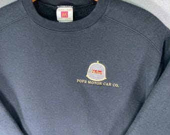 Sudadera vintage Pope Motor Car Co para hombre, talla XL, negra, con estampado de coche y cuello redondo.