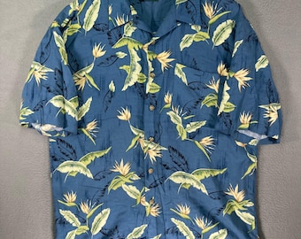 Scandia Woods Mens Large Hawaiian Shirt Blue Bird Of Paradise Tropical Button Up
