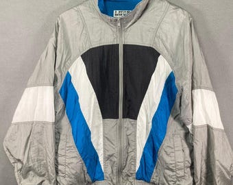 Vintage 90s Colorblock Windbreaker Jacket Mens Large Blue Gray Nylon Full Zip