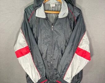 Citi Slicka XL Mens Gray Red White Nylon Hooded Windbreaker Jacket. VTG 90s Y2K