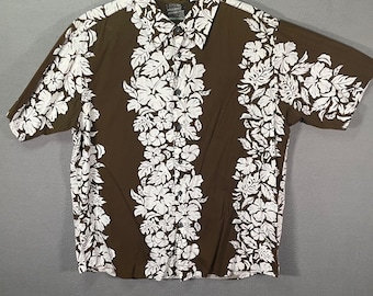 Pineapple Connection Mens XL Hawaiian Shirt Brown Floral Aloha Cotton