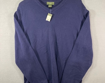 Eddie Bauer Cotton V Neck Sweater Mens L Blue Knit Stretch Comfort Casual Work