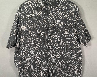 Axist Mens XL Button Up Shirt Black Linen Abstract Tribal Short Sleeve
