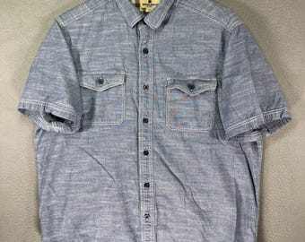 Mens Woolrich Short Sleeve Button Up Shirt Chambray Blue Cotton L G