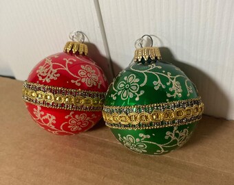 West Germany Christmas Ornaments Red Green Floral Swirl Gold Trim Set of 2